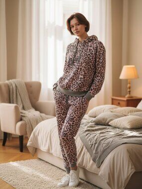 Cuddl Duds Leopard Print Hoodie Pajama Set Size Medium
